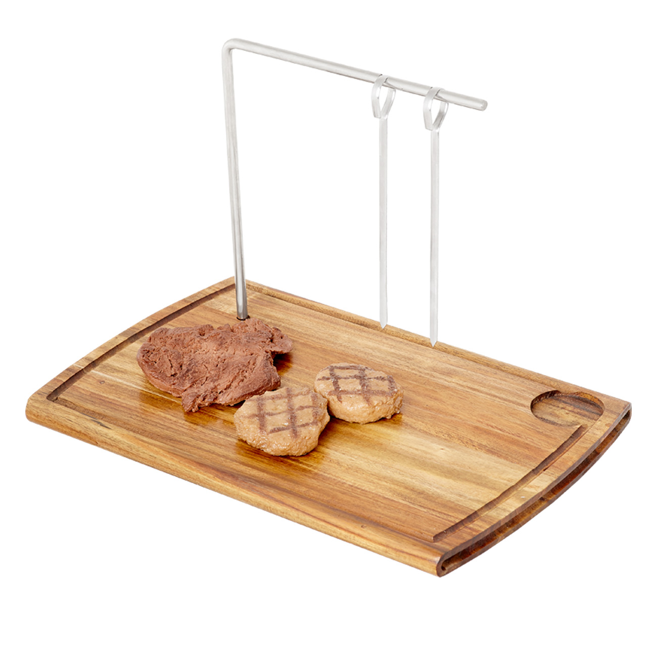 2 Skewers L Shape Espetada Stand With Oval Model Iroko Wood and 1 Sauce Cup Part Skewer Stand